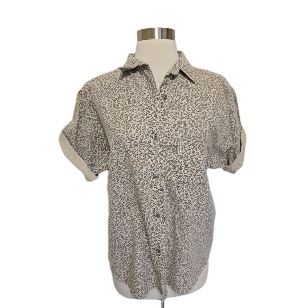 Womens 80s 90s Vintage Button Front Short Sleeve Short Faded Animal Print